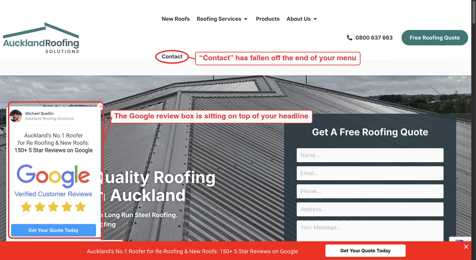 Auckland Roofing Solutions homepage today, with the Google review box covering the headline and the Contact link fallen off the menu